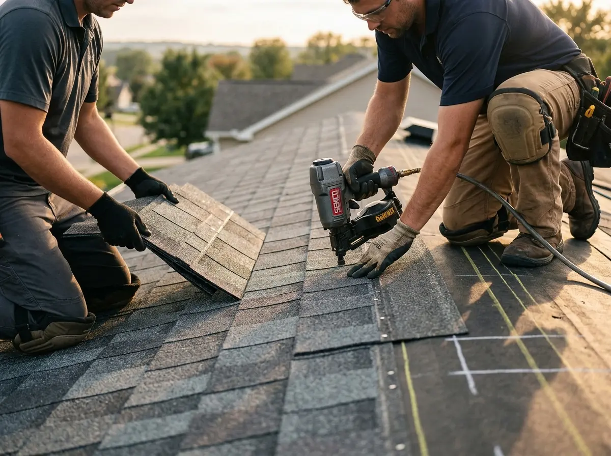 Professional roofer working on a residential roof in Benton